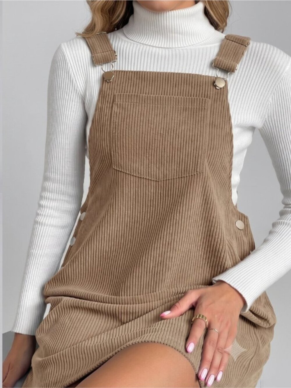 Brown Pocket Patched Corduroy Overall Dress - Picture 3 of 6